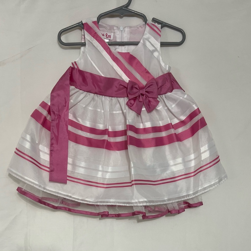 Rare Editions Jessica Ann Girls Dress Size‎ 6-12 Months White Lace With Pink Bow